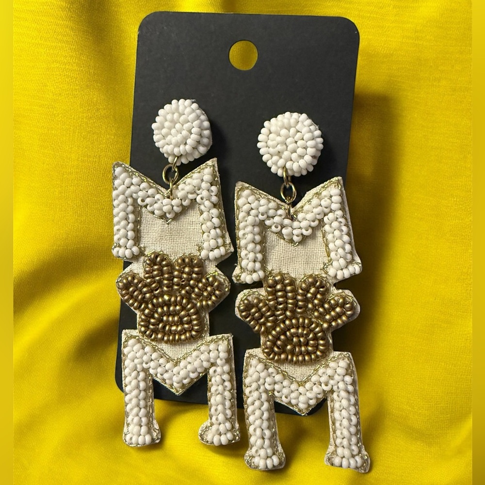 Elegant White and Gold Beaded MOM Earrings